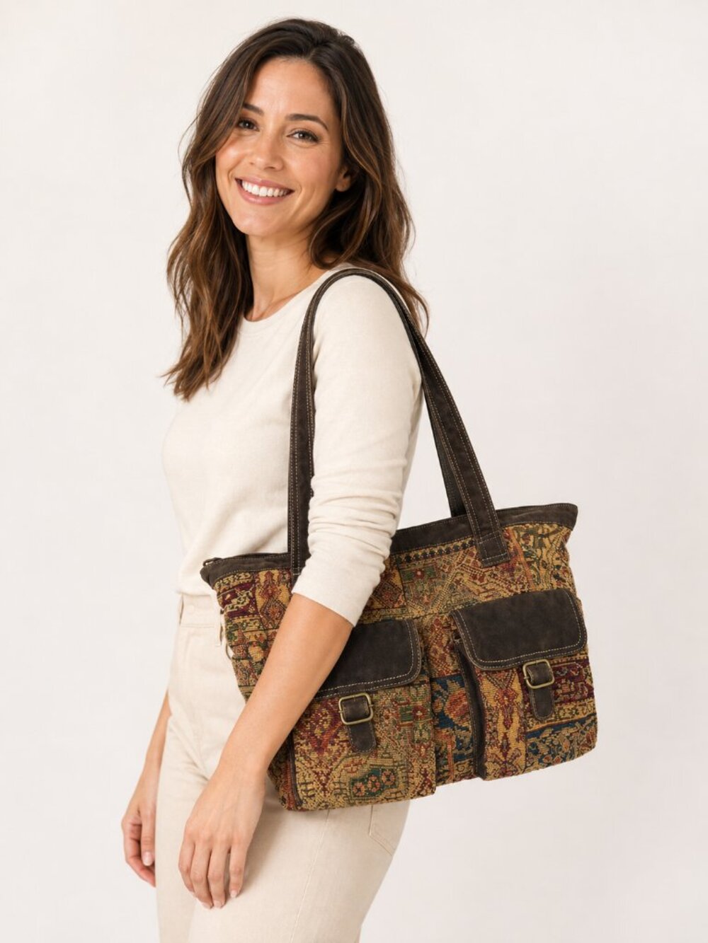 Y2K Fossil Multicolor Persian Rug Tapestry Kilim Pattern Tote